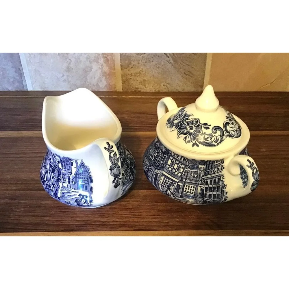English Ironstone Countryside Blue White‎ Creamer & Sugar Bowl Set Cottagecore